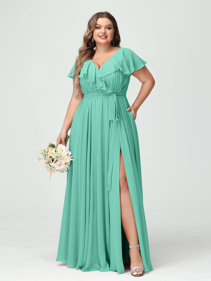 A-Line/Princess/Princess V-Neck Short Sleeves Chiffon Plus Size Bridesmaid Dresses With Pockets,Ruffles  ,Ruched & Split Side