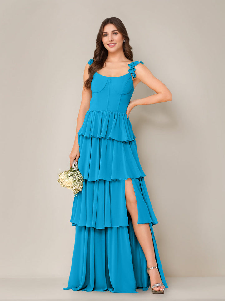A-Line/Princess Scoop Neck Sleeveless Floor-Length Bridesmaid Dress with Ruffles & Split Side