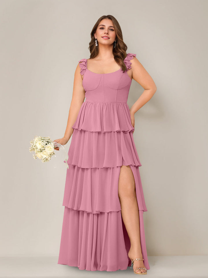 A-Line/Princess Scoop Neck Sleeveless Floor-Length Plus Size Bridesmaid Dress with Ruffles & Split Side