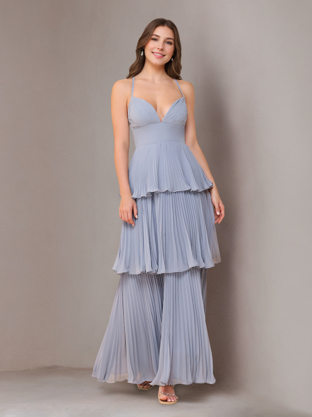 A-Line/Princess Spaghetti Straps Sleeveless Floor-Length Chiffon Bridesmaid Dresses with Pleated