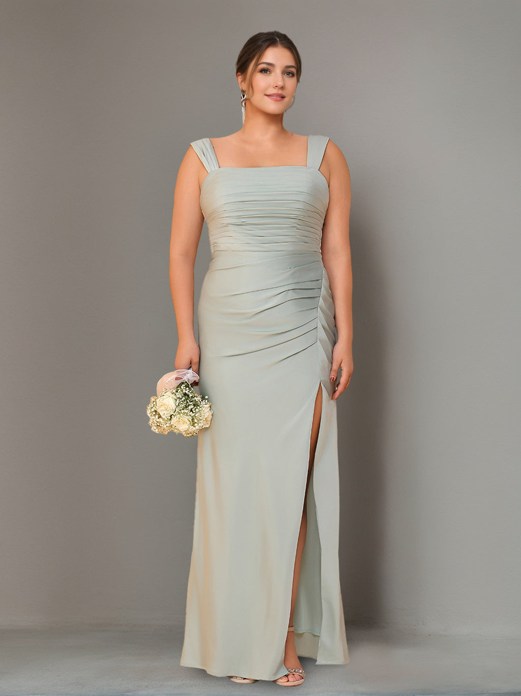 Sheath/Column Square Neck Sleeveless Floor-Length Bridesmaid Dresses with Ruffles & Split Side
