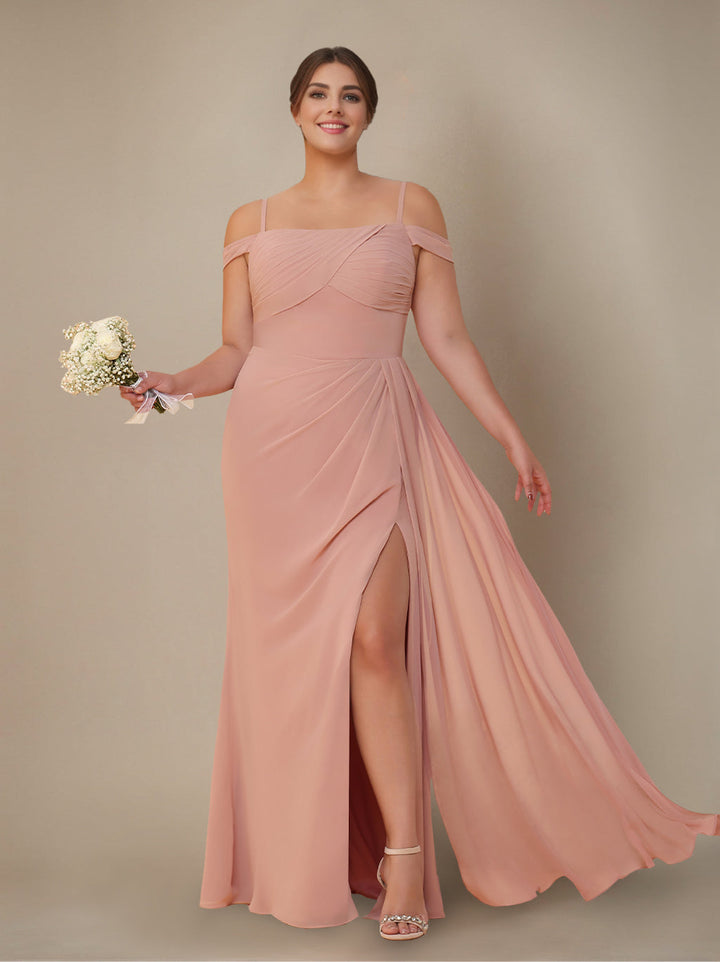 Sheath/Column Off-the-Shoulder Spaghetti Straps Floor-Length Plus Size Bridesmaid Dress with Ruffles & Split Side