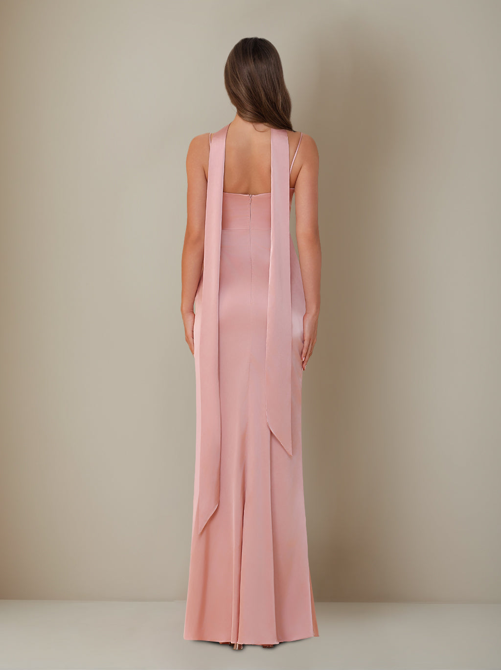 Sheath/Column Spaghetti Straps Sleeveless Floor-Length Ruched Silk Satin Plus Size Bridesmaid Dresses with Neck Scarf & Split Side