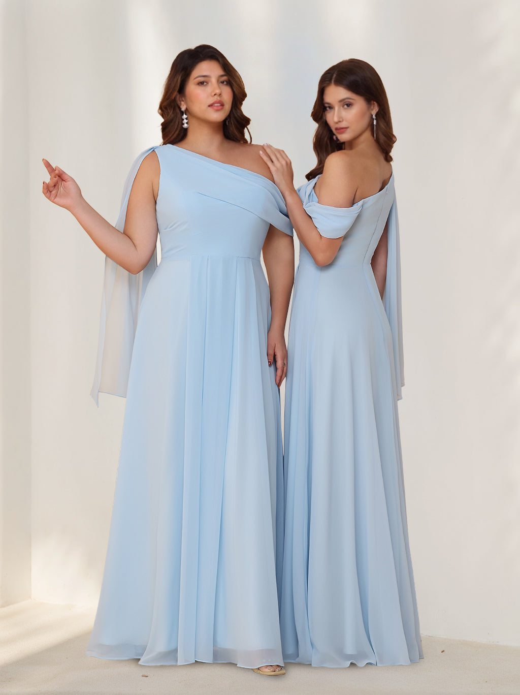 A-Line/Princess One-Shoulder Sleeveless Floor-Length Chiffon Bridesmaid Dresses with Watteau Train