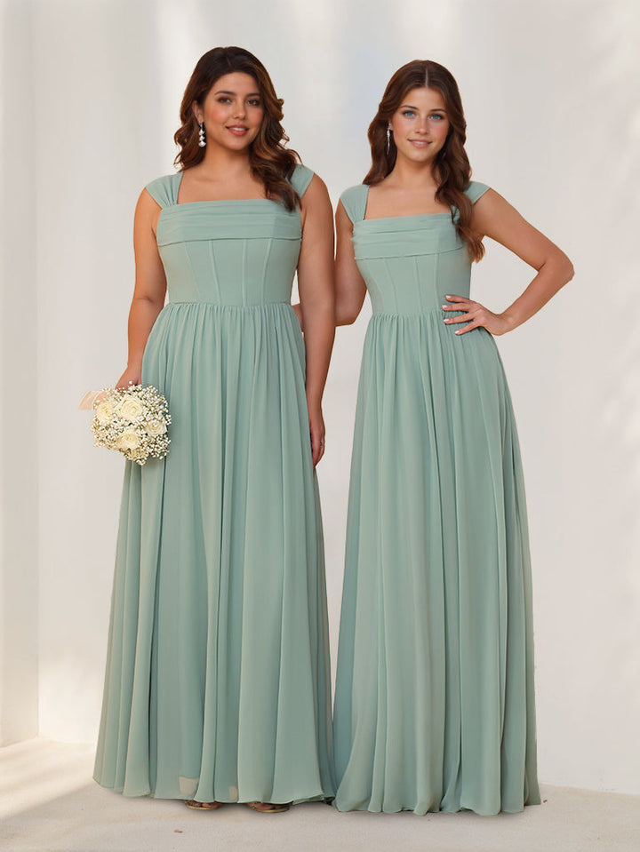 A-Line/Princess Square Neck Sleeveless Floor-Length Chiffon Bridesmaid Dresses with Pleats