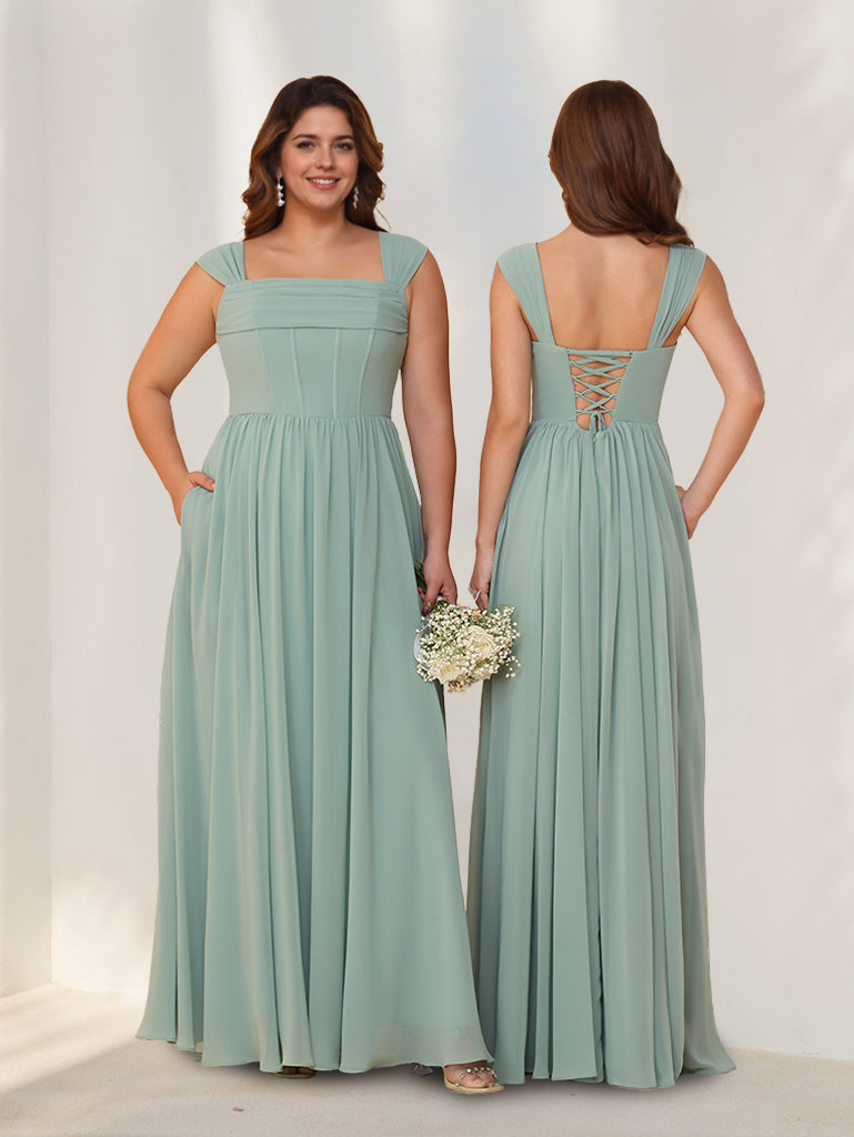 A-Line/Princess Square Neck Sleeveless Floor-Length Chiffon Bridesmaid Dresses with Pleats