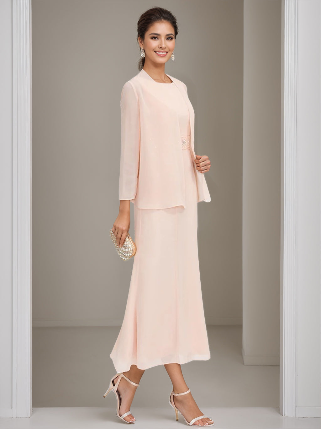 Sheath/Column Jewel Neck Tea Length Mother of the Bride Dresses with Jacket & Beading