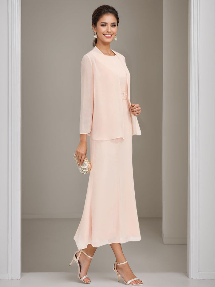 Sheath/Column Jewel Neck Tea Length Mother of the Bride Dresses with Jacket & Beading