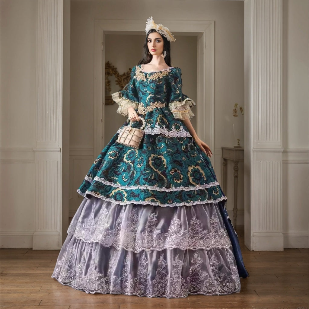 Ball Gown Round Neck Half Sleeves Floor-Length Rococo Victorian Party Costume Masquerade Prom Quinceanera Dress
