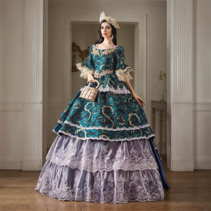 Ball Gown Round Neck Half Sleeves Floor-Length Rococo Victorian Party Costume Masquerade Prom Quinceanera Dress