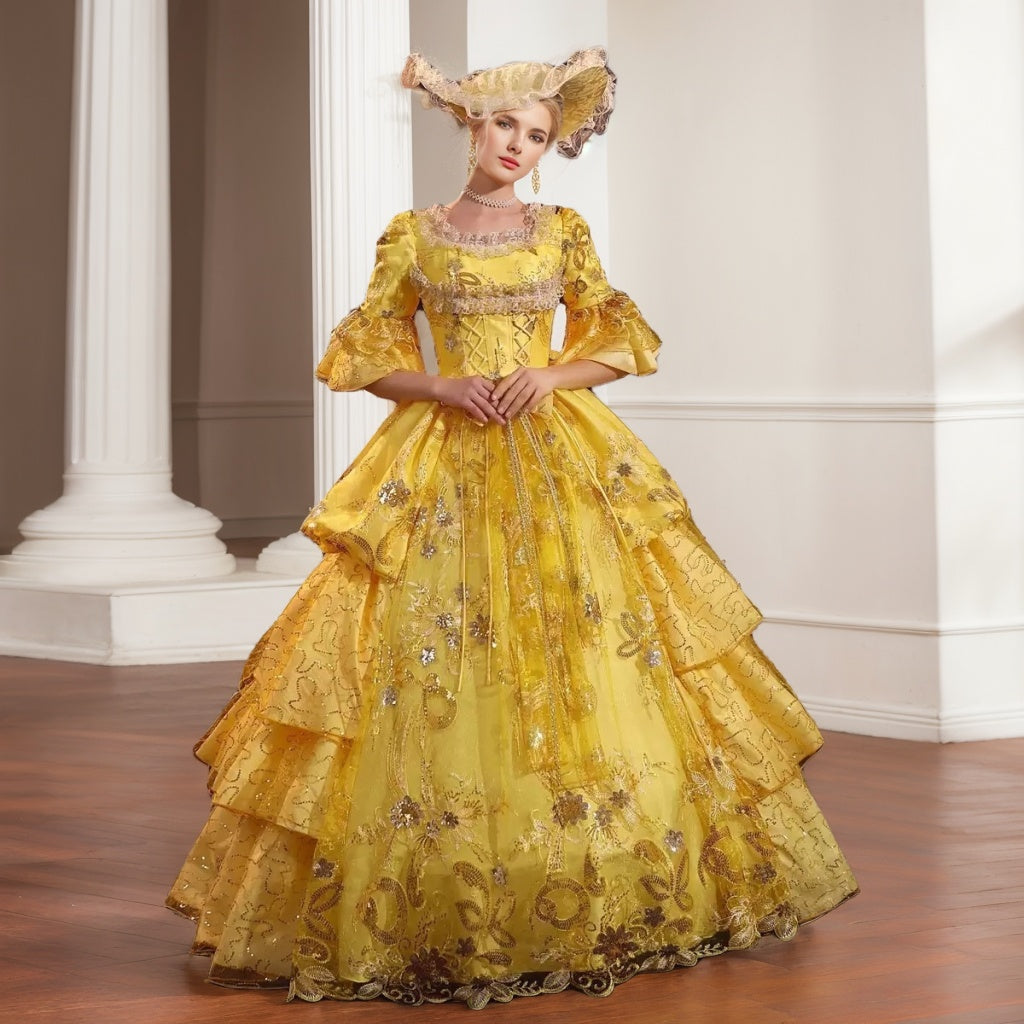 Ball Gown Round Neck Half Sleeves Floor-Length Lace Rococo Victorian Party Costume Masquerade Prom Quinceanera Dress