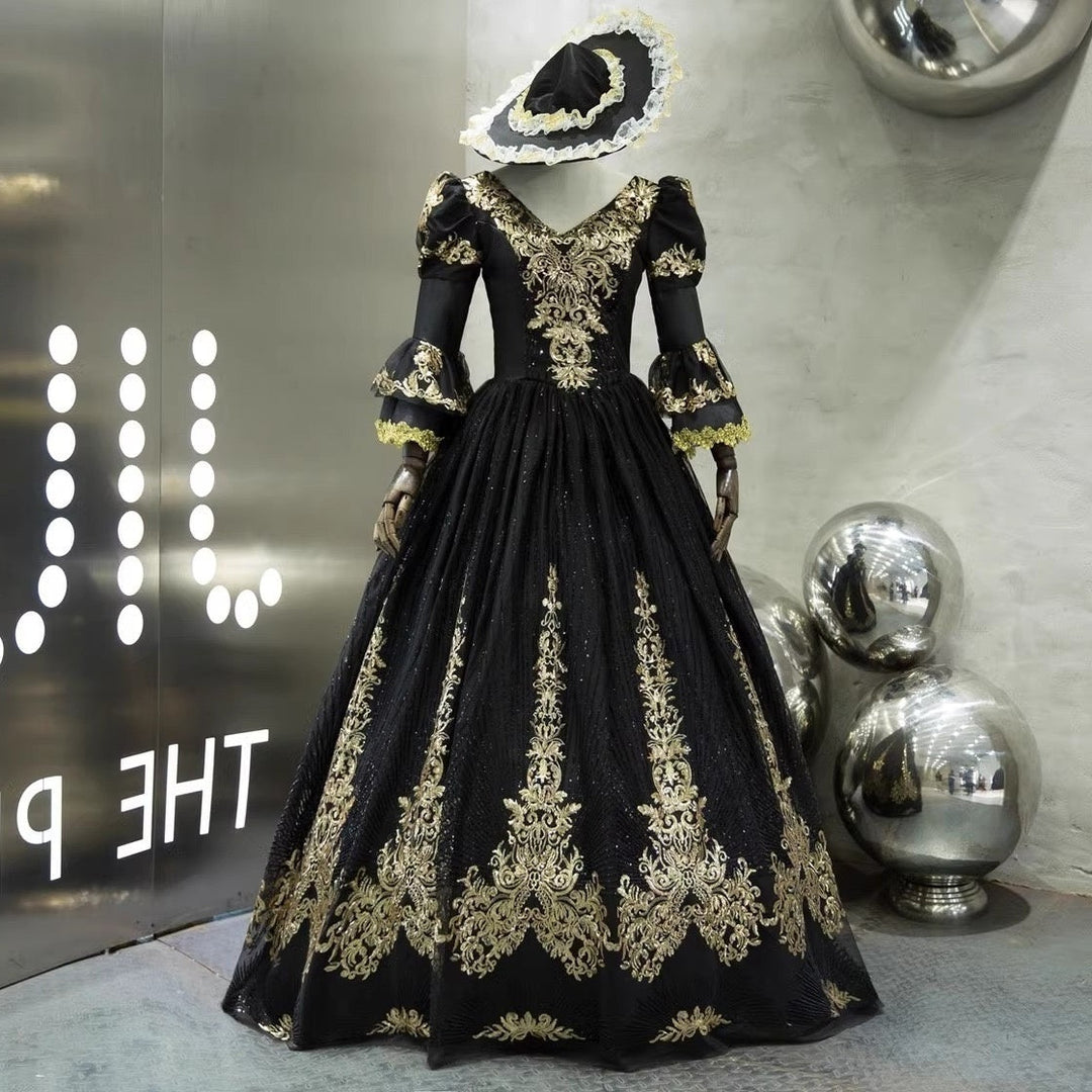 Ball Gown V-Neck 3/4 Length Sleeves Floor-Length Victorian Party Cosplay Costume Masquerade Rococo Prom Dress