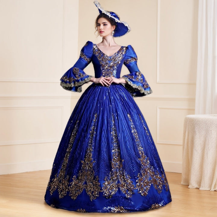Ball Gown V-Neck 3/4 Length Sleeves Floor-Length Victorian Party Cosplay Costume Masquerade Rococo Prom Dress