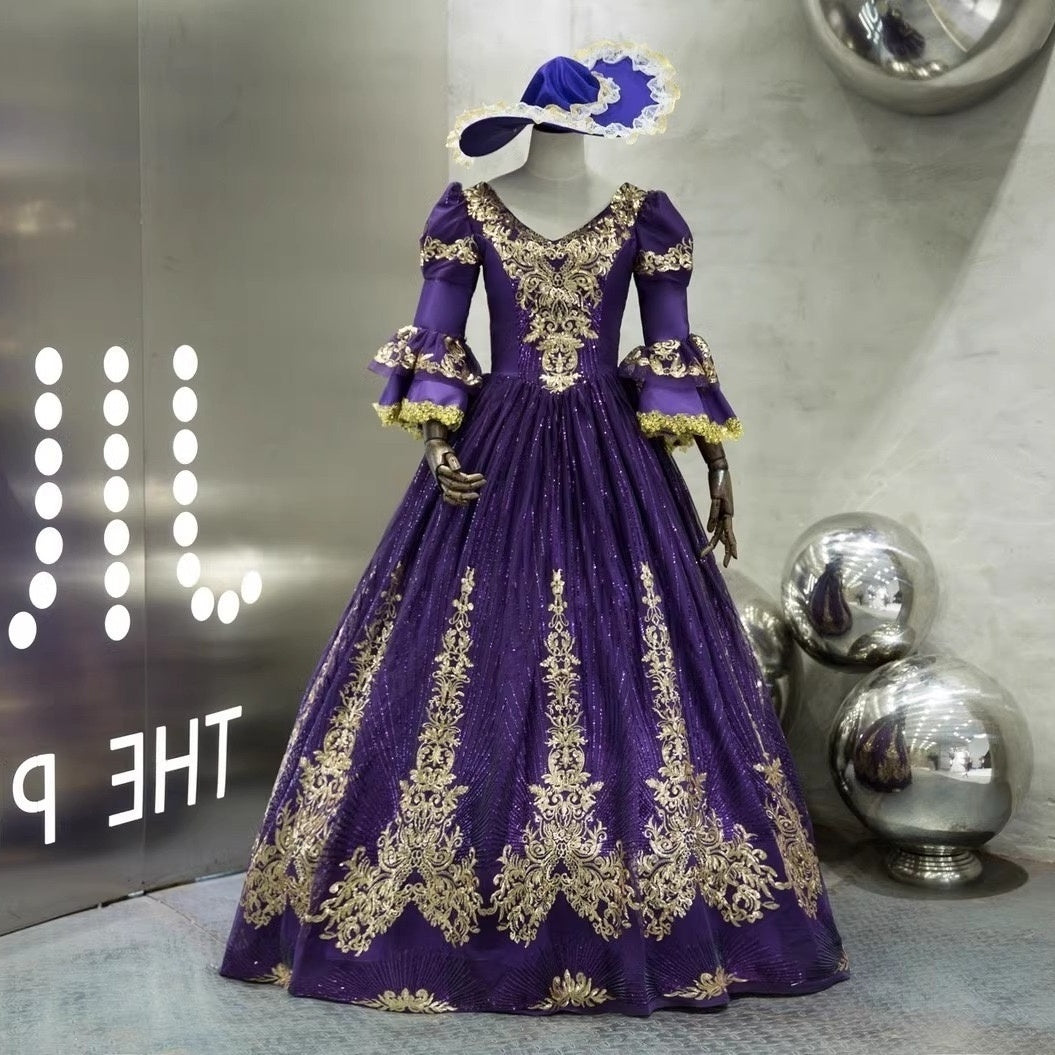 Ball Gown V-Neck 3/4 Length Sleeves Floor-Length Victorian Party Cosplay Costume Masquerade Rococo Prom Dress