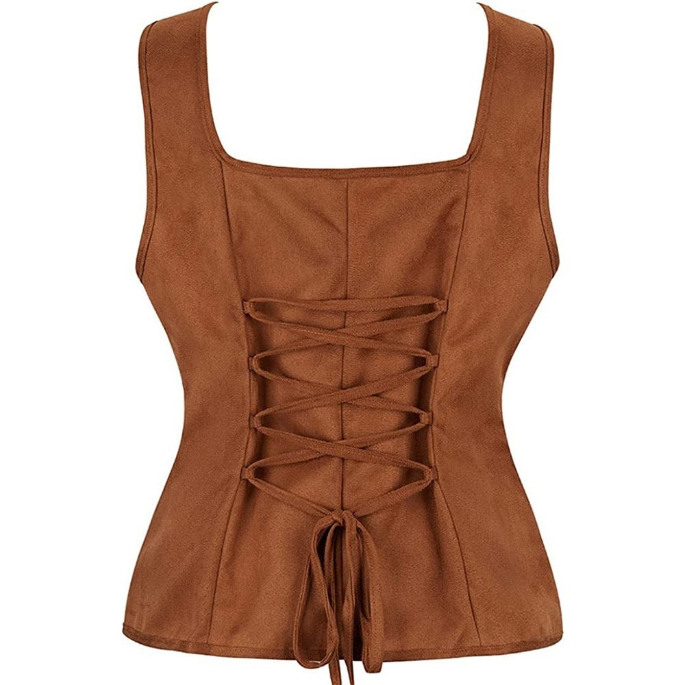 Women's Retro Vintage Medieval Renaissance Suede Pirate Viking Drawstring Solid Coloured Fantasy Steampunk Halloween Carnival Masquerade Vest