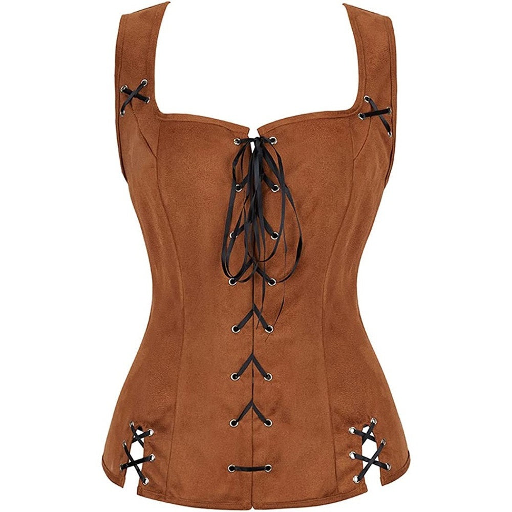 Women's Retro Vintage Medieval Renaissance Suede Pirate Viking Drawstring Solid Coloured Fantasy Steampunk Halloween Carnival Masquerade Vest