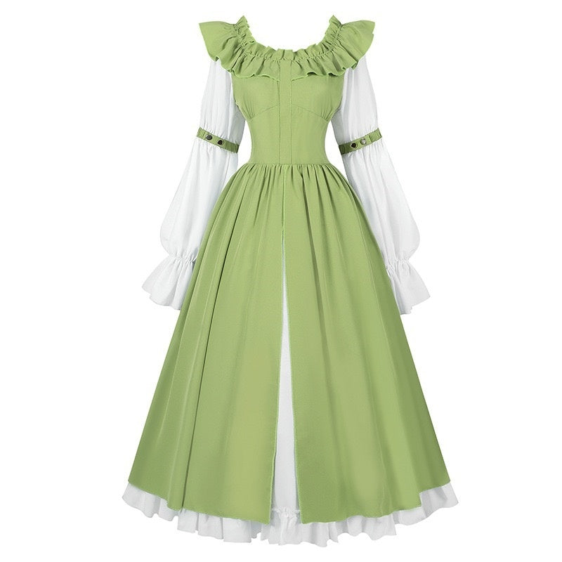 A-Line/Princess Round Neck Long Sleeves Tea-Length Retro Vintage Medieval Renaissance Midi Dress