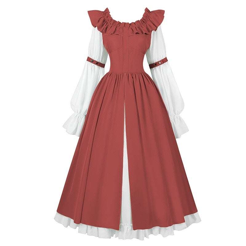 A-Line/Princess Round Neck Long Sleeves Tea-Length Retro Vintage Medieval Renaissance Midi Dress