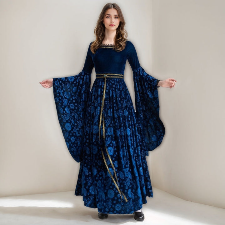 A-Line/Princess Scoop Neck Long Sleeves Ankle-Length Medieval Halloween Court Witch Dress with Cloak