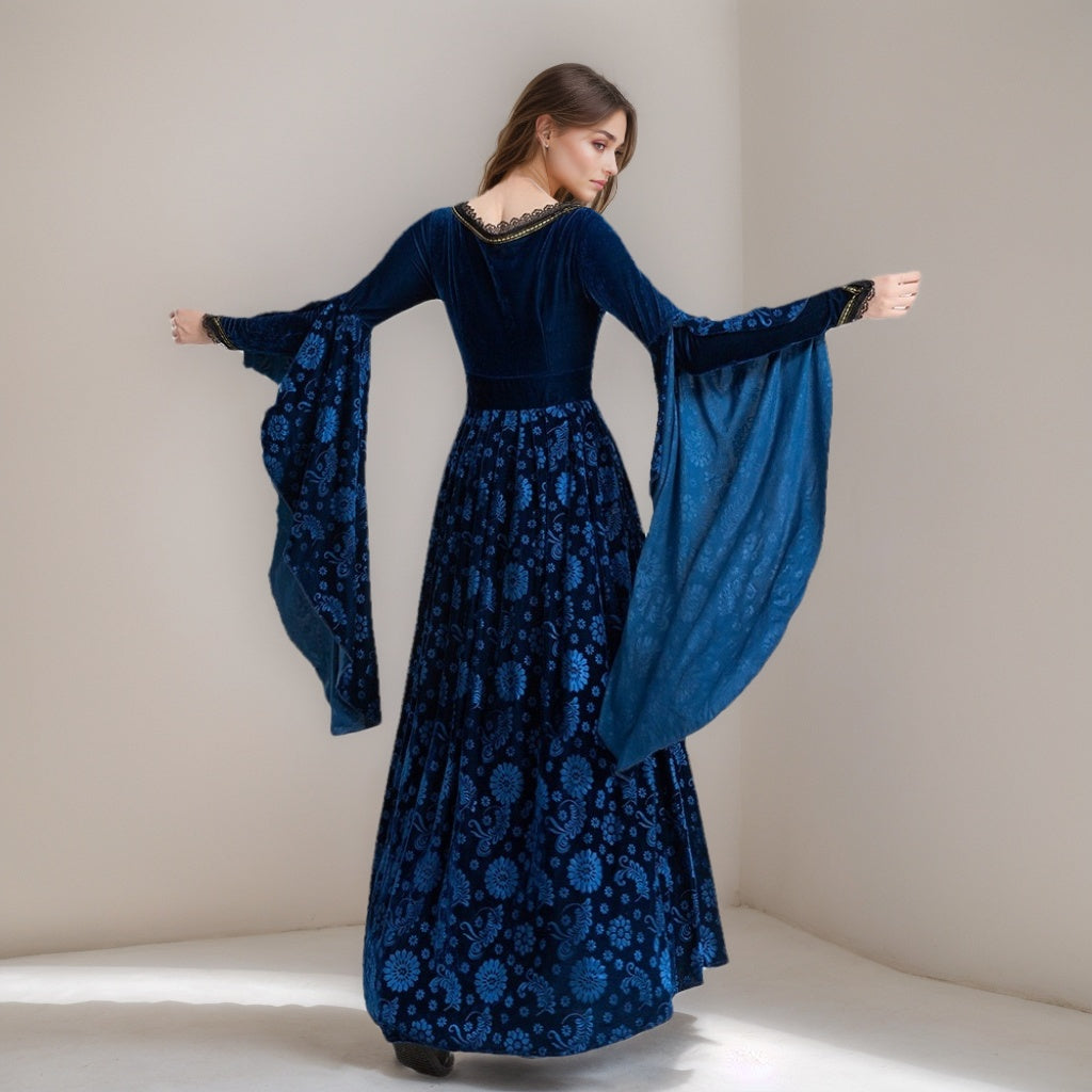 A-Line/Princess Scoop Neck Long Sleeves Ankle-Length Medieval Halloween Court Witch Dress with Cloak