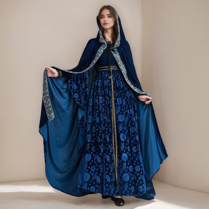 A-Line/Princess Scoop Neck Long Sleeves Ankle-Length Medieval Halloween Court Witch Dress with Cloak