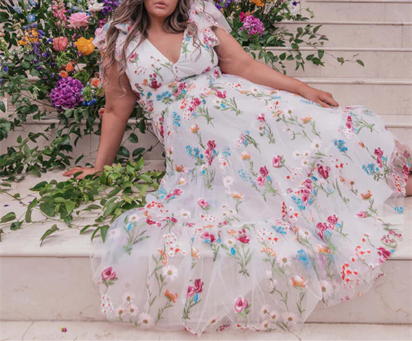 A-Line/Princess V-Neck Short Sleeves Floral Formal Plus Size Party Dresses With Flowers