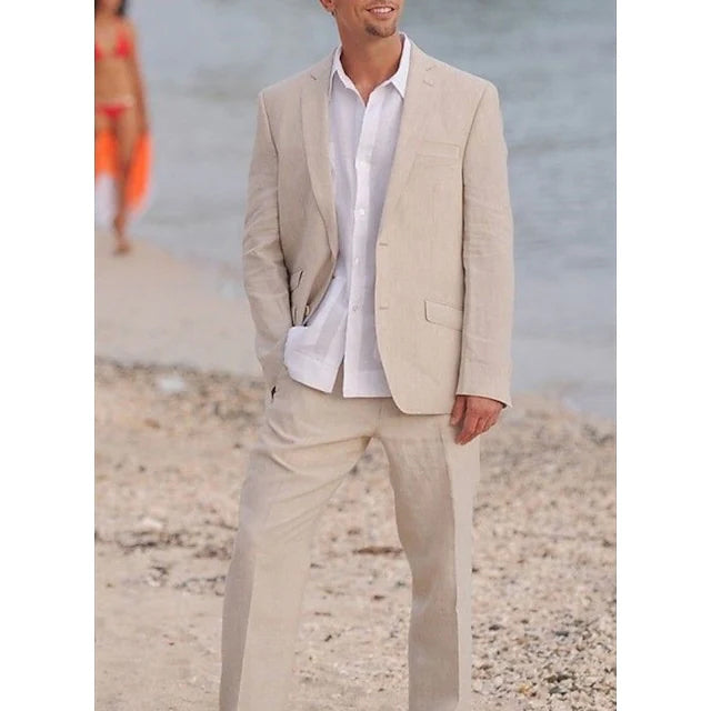 Men's Tailored Fit Single Breasted Two-buttons 2 Pieces Solid Coloured Linen Suits