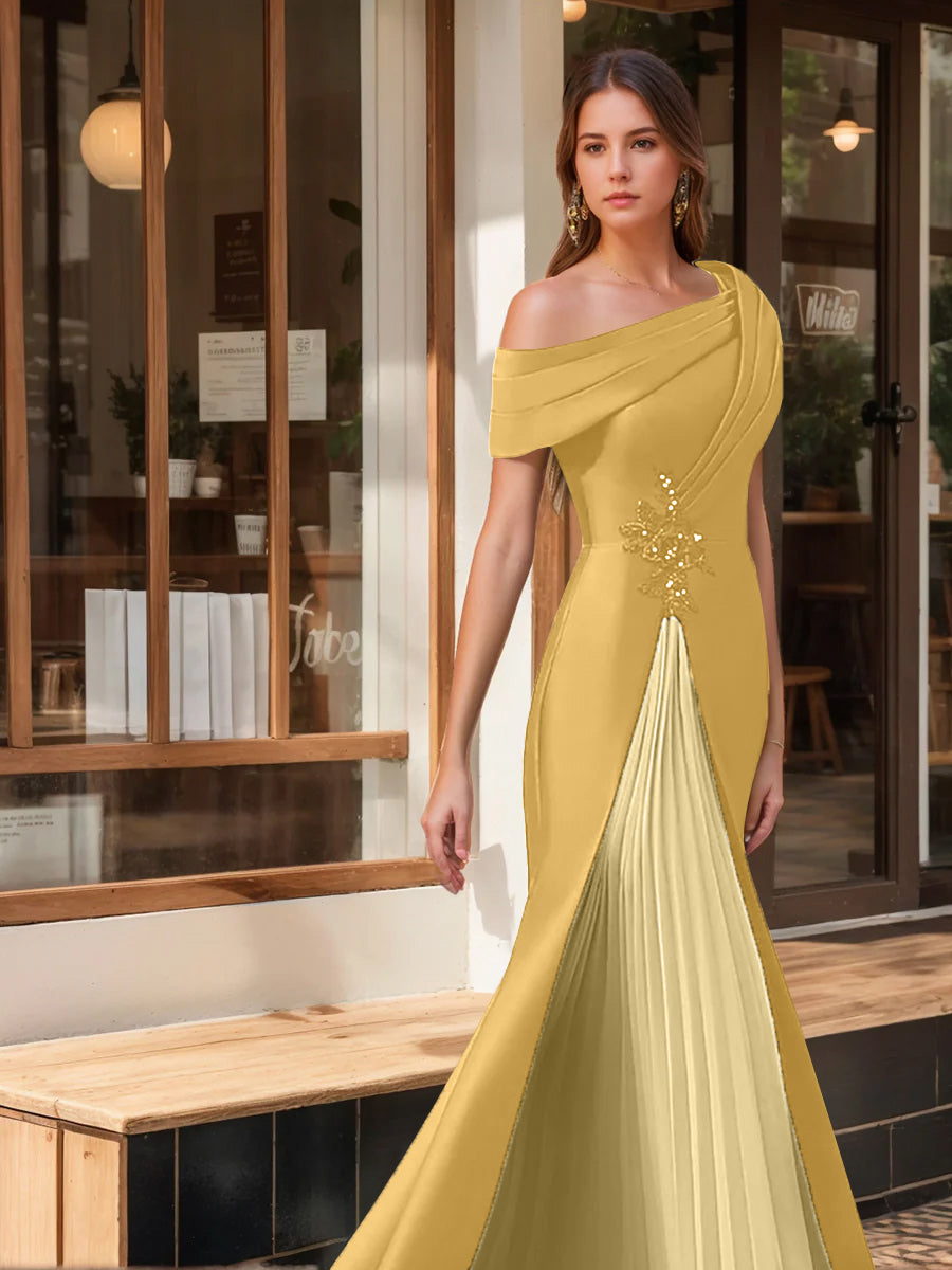 Trumpet/Mermaid One-Shoulder Short Sleeves Evening Dresses with Ruffles & Appliques