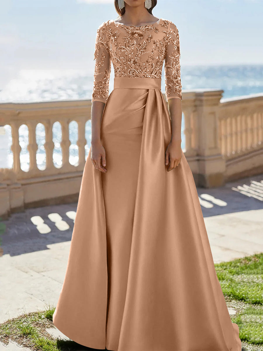 A-Line/Princess Scoop Satin Evening Dresses Half Sleeves Floor-Length Lace Party Dresses