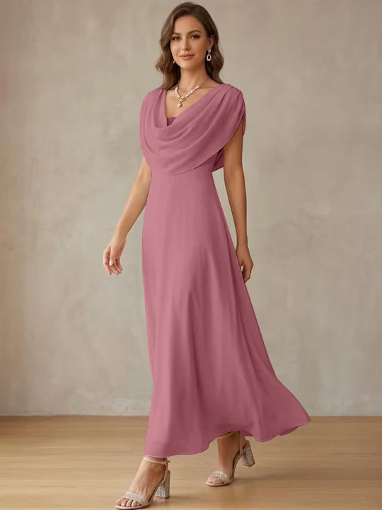 A-Line/Princess Cowl Neck Chiffon Cocktail Dresses Little White Dresses Ankle-Length Sleeveless Graduation Dress