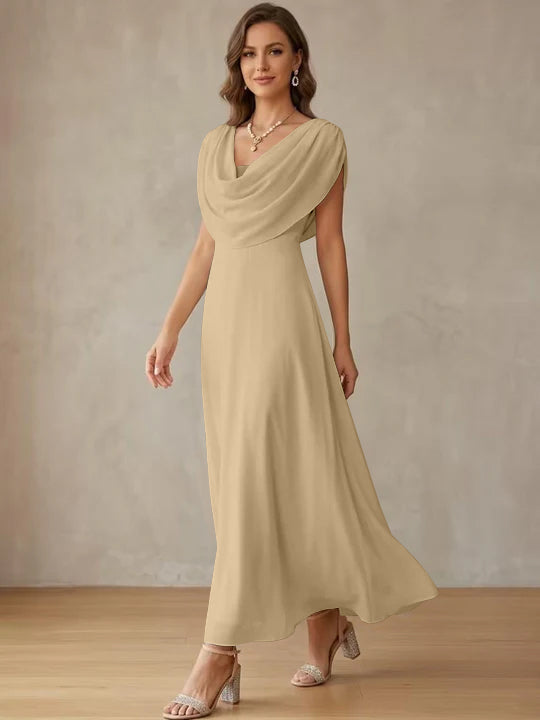 A-Line/Princess Cowl Neck Chiffon Cocktail Dresses Little White Dresses Ankle-Length Sleeveless Graduation Dress