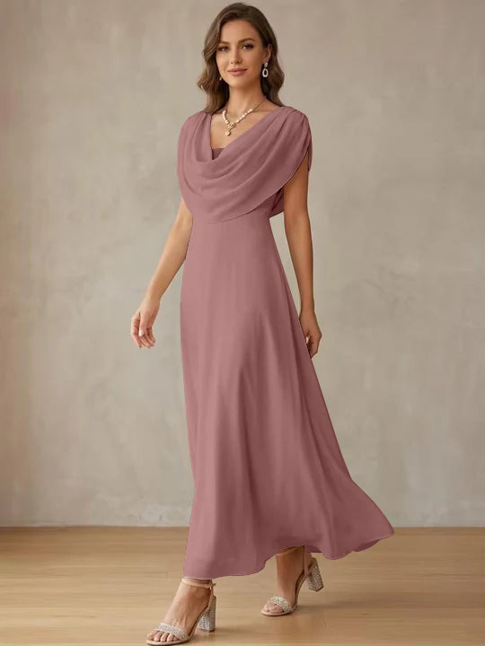 A-Line/Princess Cowl Neck Chiffon Cocktail Dresses Little White Dresses Ankle-Length Sleeveless Graduation Dress