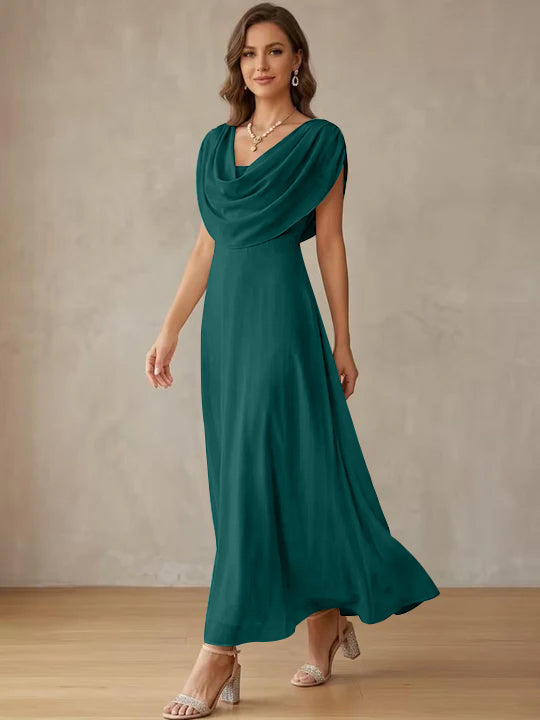 A-Line/Princess Cowl Neck Chiffon Cocktail Dresses Little White Dresses Ankle-Length Sleeveless Graduation Dress