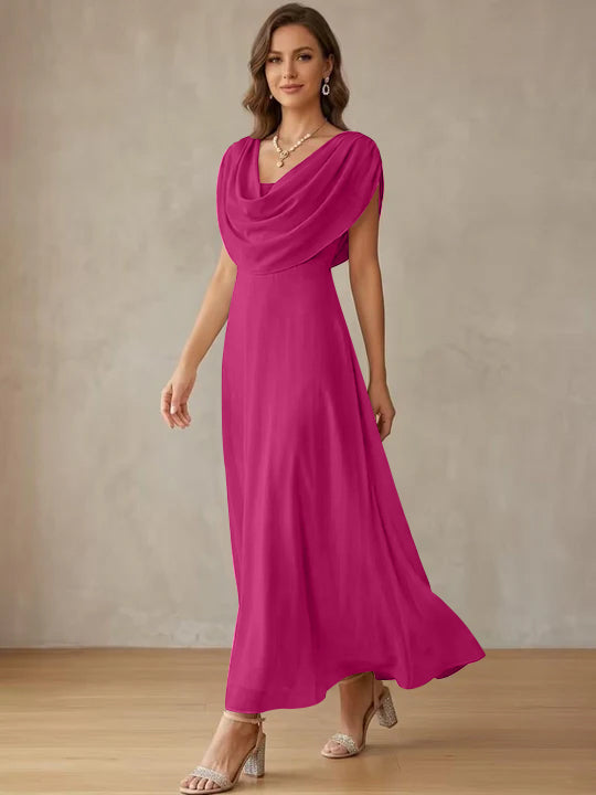 A-Line/Princess Cowl Neck Chiffon Cocktail Dresses Little White Dresses Ankle-Length Sleeveless Graduation Dress