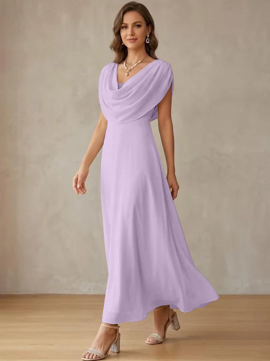 A-Line/Princess Cowl Neck Chiffon Cocktail Dresses Little White Dresses Ankle-Length Sleeveless Graduation Dress
