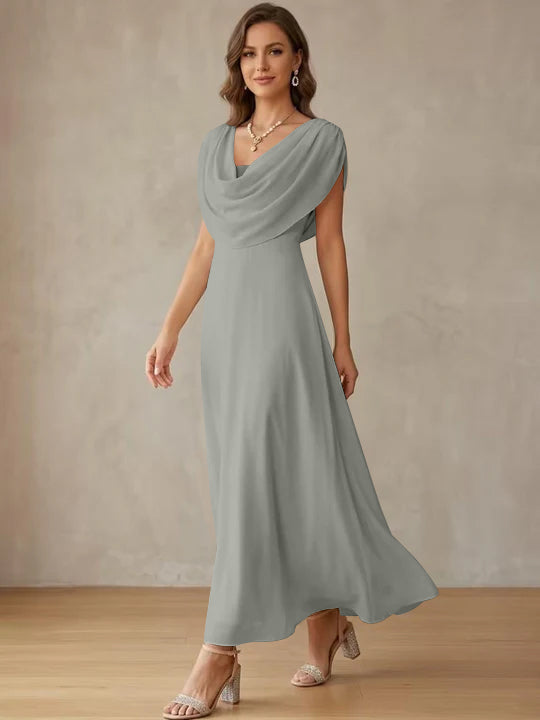 A-Line/Princess Cowl Neck Chiffon Cocktail Dresses Little White Dresses Ankle-Length Sleeveless Graduation Dress