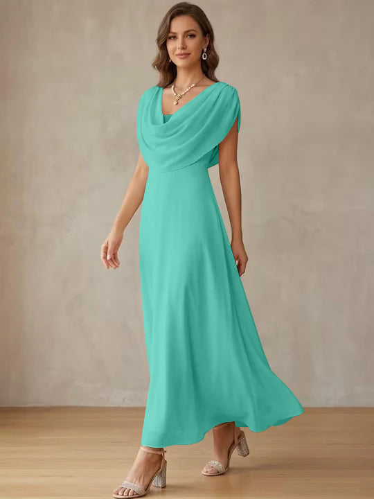 A-Line/Princess Cowl Neck Chiffon Cocktail Dresses Little White Dresses Ankle-Length Sleeveless Graduation Dress