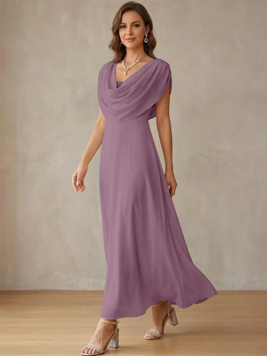 A-Line/Princess Cowl Neck Chiffon Cocktail Dresses Little White Dresses Ankle-Length Sleeveless Graduation Dress