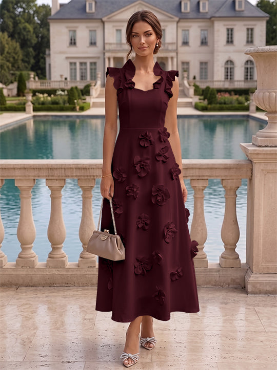 A-Line/Princess V-Neck Stretch Satin Cocktail Dresses with 3D Flowers Sleeveless Ruffles Tea-Length Formal Dresses Little White Dresses