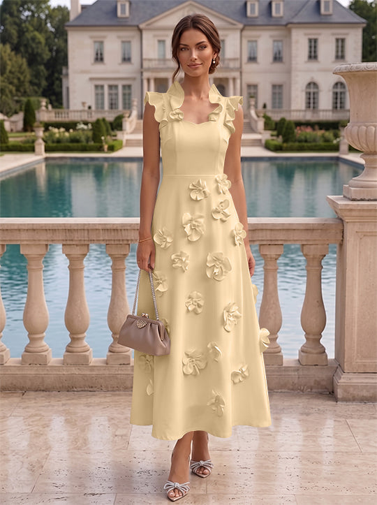 A-Line/Princess V-Neck Stretch Satin Cocktail Dresses with 3D Flowers Sleeveless Ruffles Tea-Length Formal Dresses Little White Dresses