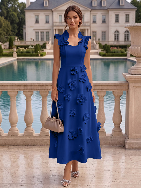 A-Line/Princess V-Neck Stretch Satin Cocktail Dresses with 3D Flowers Sleeveless Ruffles Tea-Length Formal Dresses Little White Dresses