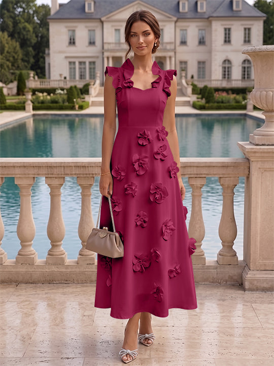 A-Line/Princess V-Neck Stretch Satin Cocktail Dresses with 3D Flowers Sleeveless Ruffles Tea-Length Formal Dresses Little White Dresses
