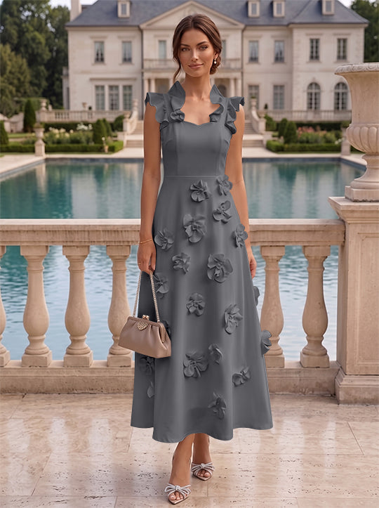 A-Line/Princess V-Neck Stretch Satin Cocktail Dresses with 3D Flowers Sleeveless Ruffles Tea-Length Formal Dresses Little White Dresses