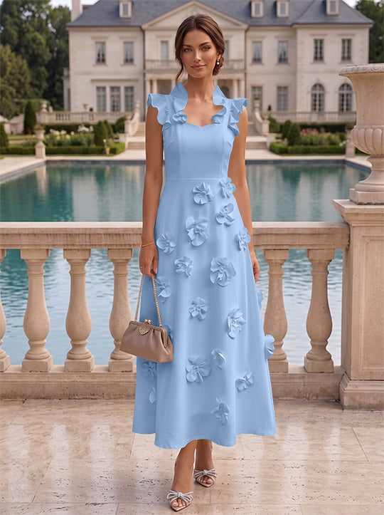 A-Line/Princess V-Neck Stretch Satin Cocktail Dresses with 3D Flowers Sleeveless Ruffles Tea-Length Formal Dresses Little White Dresses