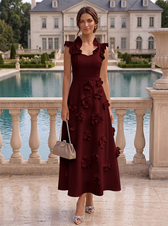A-Line/Princess V-Neck Stretch Satin Cocktail Dresses with 3D Flowers Sleeveless Ruffles Tea-Length Formal Dresses Little White Dresses