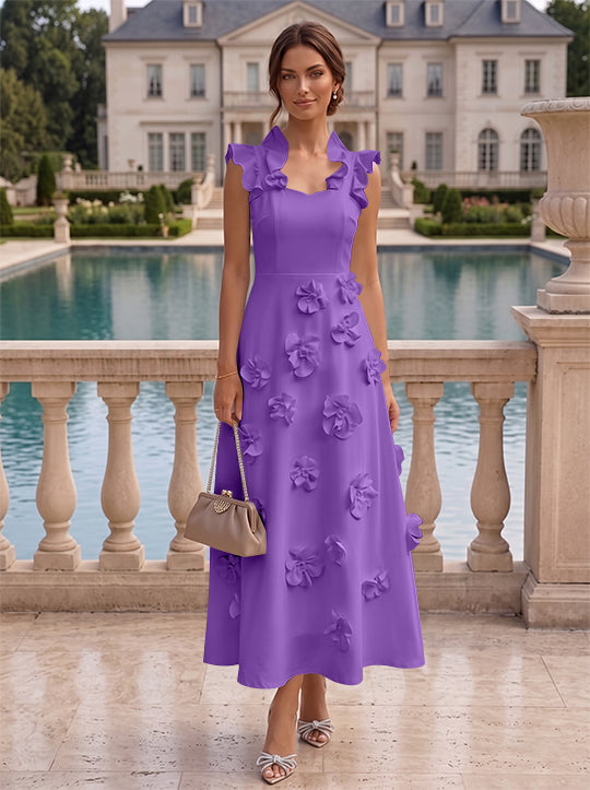 A-Line/Princess V-Neck Stretch Satin Cocktail Dresses with 3D Flowers Sleeveless Ruffles Tea-Length Formal Dresses Little White Dresses