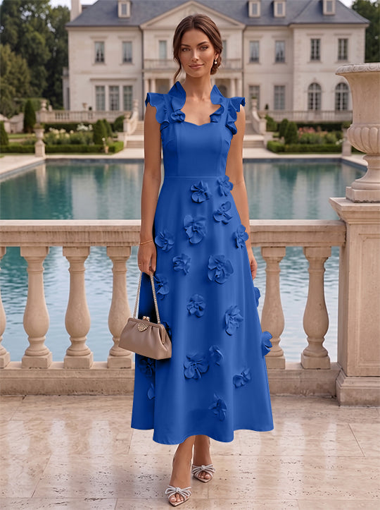 A-Line/Princess V-Neck Stretch Satin Cocktail Dresses with 3D Flowers Sleeveless Ruffles Tea-Length Formal Dresses Little White Dresses
