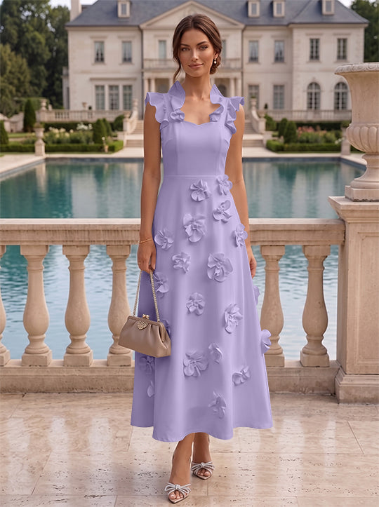 A-Line/Princess V-Neck Stretch Satin Cocktail Dresses with 3D Flowers Sleeveless Ruffles Tea-Length Formal Dresses Little White Dresses