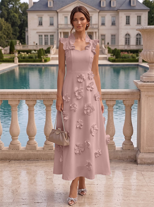 A-Line/Princess V-Neck Stretch Satin Cocktail Dresses with 3D Flowers Sleeveless Ruffles Tea-Length Formal Dresses Little White Dresses