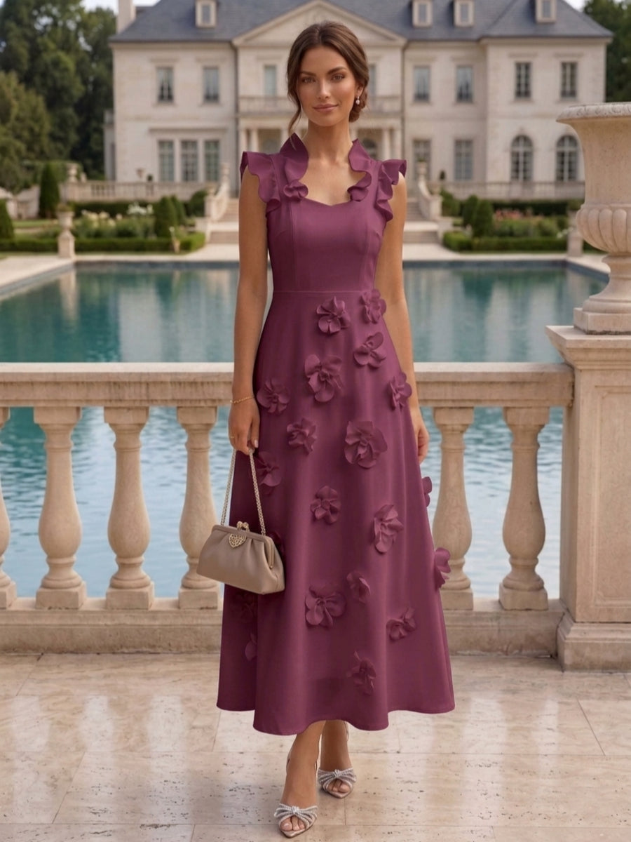 A-Line/Princess V-Neck Stretch Satin Cocktail Dresses with 3D Flowers Sleeveless Ruffles Tea-Length Formal Dresses Little White Dresses